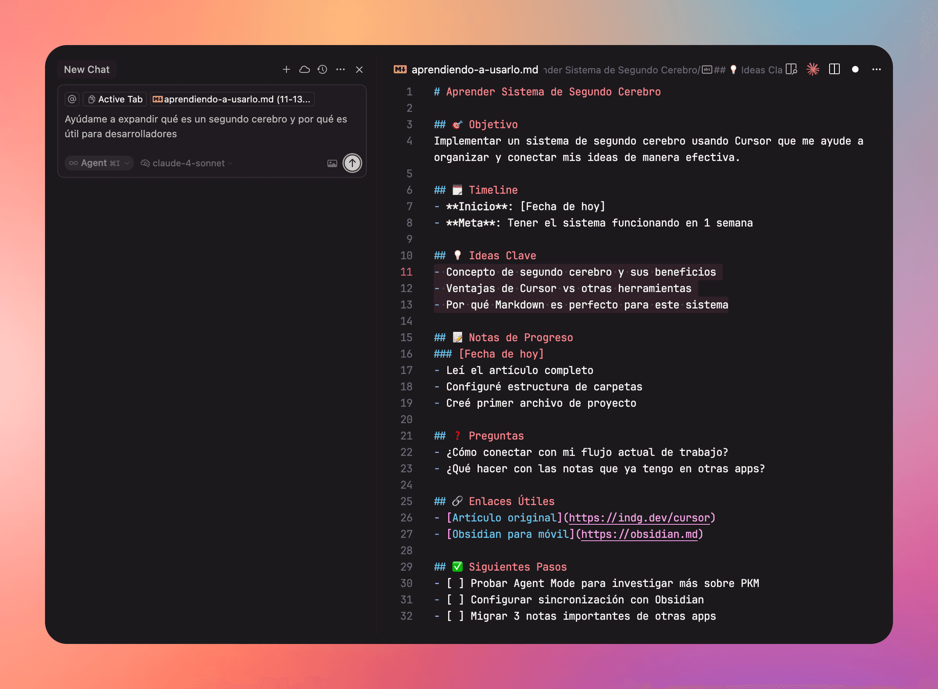 Expandiendo ideas con IA en Cursor